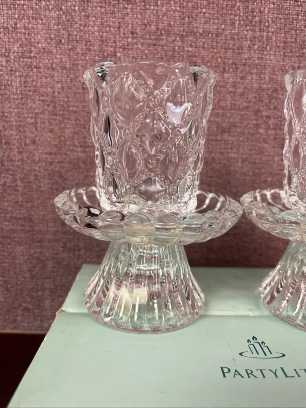The PartyLite Quilted Crystal Pair -clear diamond-quilted glass Votive Holders